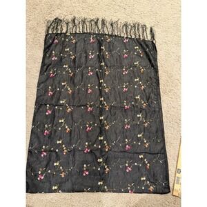 Vintage Embroidered Floral Scarf Shawl Black Silk Blend Tassel Women's Accessory